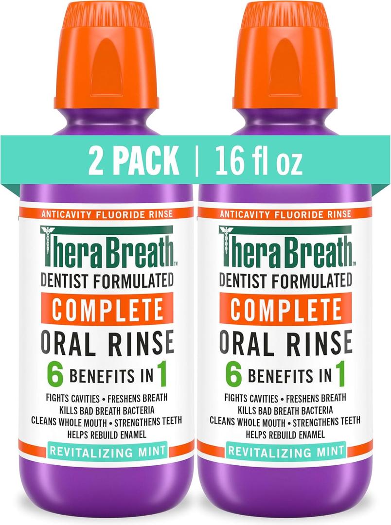 TheraBreath Complete Mouthwash, Revitalizing Mint, 16 fl oz, 2-Pack | 6-in-1 Benefits, Alcohol-Free