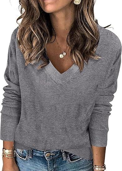 Bluetime Women's Fall Long Sleeve V Neck Ribbed Knit Sweaters Loose Fit Casual Soft Pullover Sweater Jumper Tops  (X-Large, Gray)