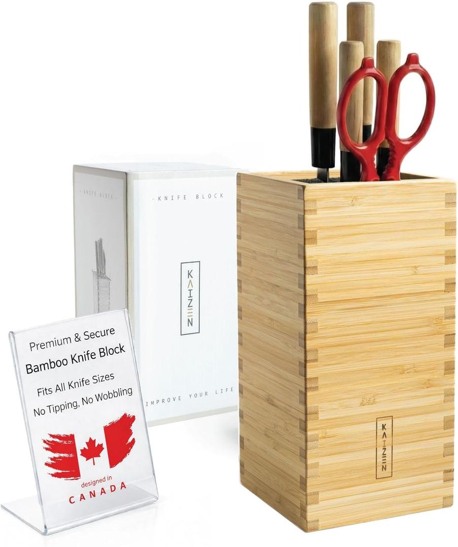 KAIZEN Bamboo Knife Block Without Knives - Perfectly Sized Universal Knife Holder for Knives, Scissors - Unique Knife Storage for Counter Top with Anti-Slip Base (Natural)