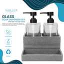 3 Piece Glass Soap Dispenser Set with Resin Storage Caddy, for Bathroom, Bedroom, Home, Office, Lotion Pump with Rustproof Pumps, Large Capacity Heavy Bottles, Trinket Tray for Jewlery