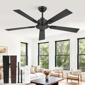 ZMISHIBO 52 Inch Ceiling Fan No Light with Remote, Black Ceiling Fan without Lights, Quiet Reversible DC Motor, 6-Speeds, Modern Ceiling Fans for Living Room, Bedroom, Patio, Indoor/Outdoor Use