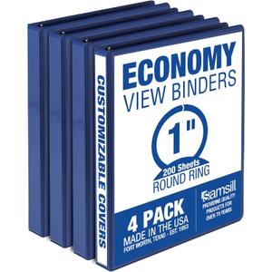 Samsill 1 Inch 3 Ring Binders, Made in USA, Economy Round Ring, Clear View Cover, 200 Sheet Capacity - for School, Home, Office - Blue, 4 Pack