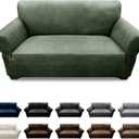 Loveseat Sofa Slipcover Leather Look Couch Covers for 2 Seater Couch Sofa 1-Piece Sofa Cover Stretch Furniture Protector with Elastic Bottom & Pockets(Loveseat, Army Green)