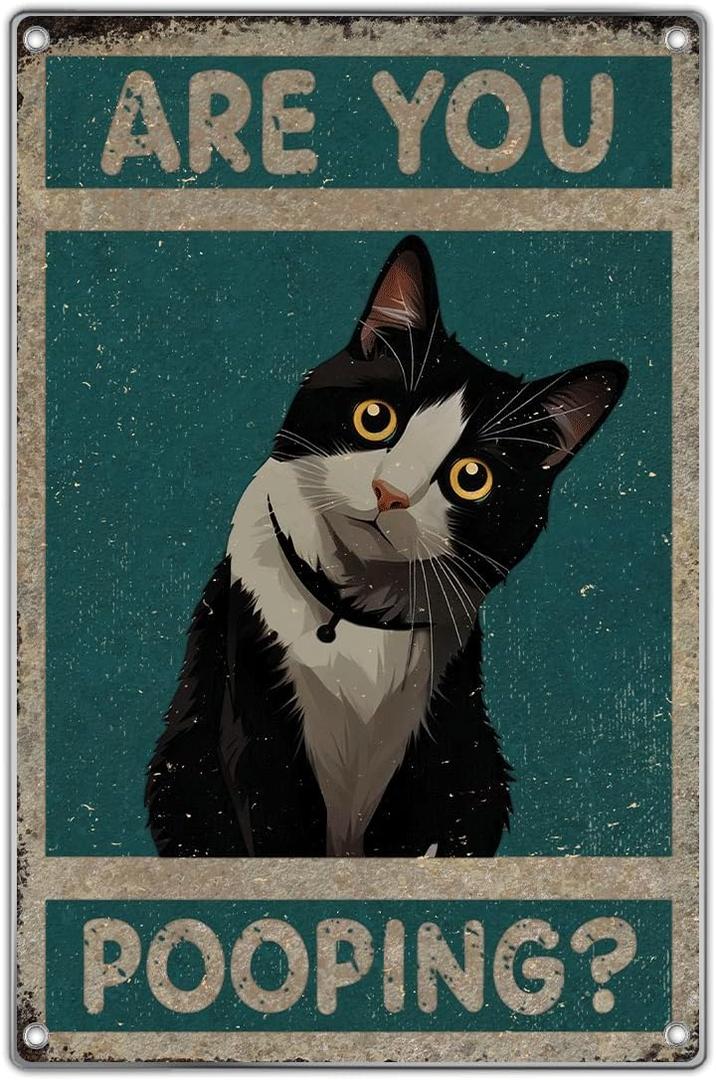 Bathroom Wall Decor Black And White Cat Metal Sign Funny Quote Are You Pooping Humorous Restroom Art For Lovers 8 x 12 Inch Kitchen Vintage Home 