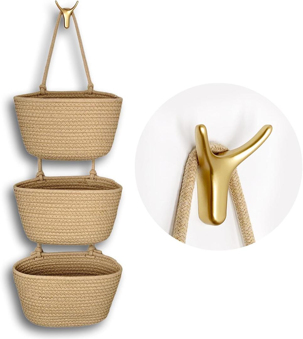 3-Tier Decorative Cotton Rope Hanging Basket, Wall-Mounted Woven Storage Organizer Bag, Jute