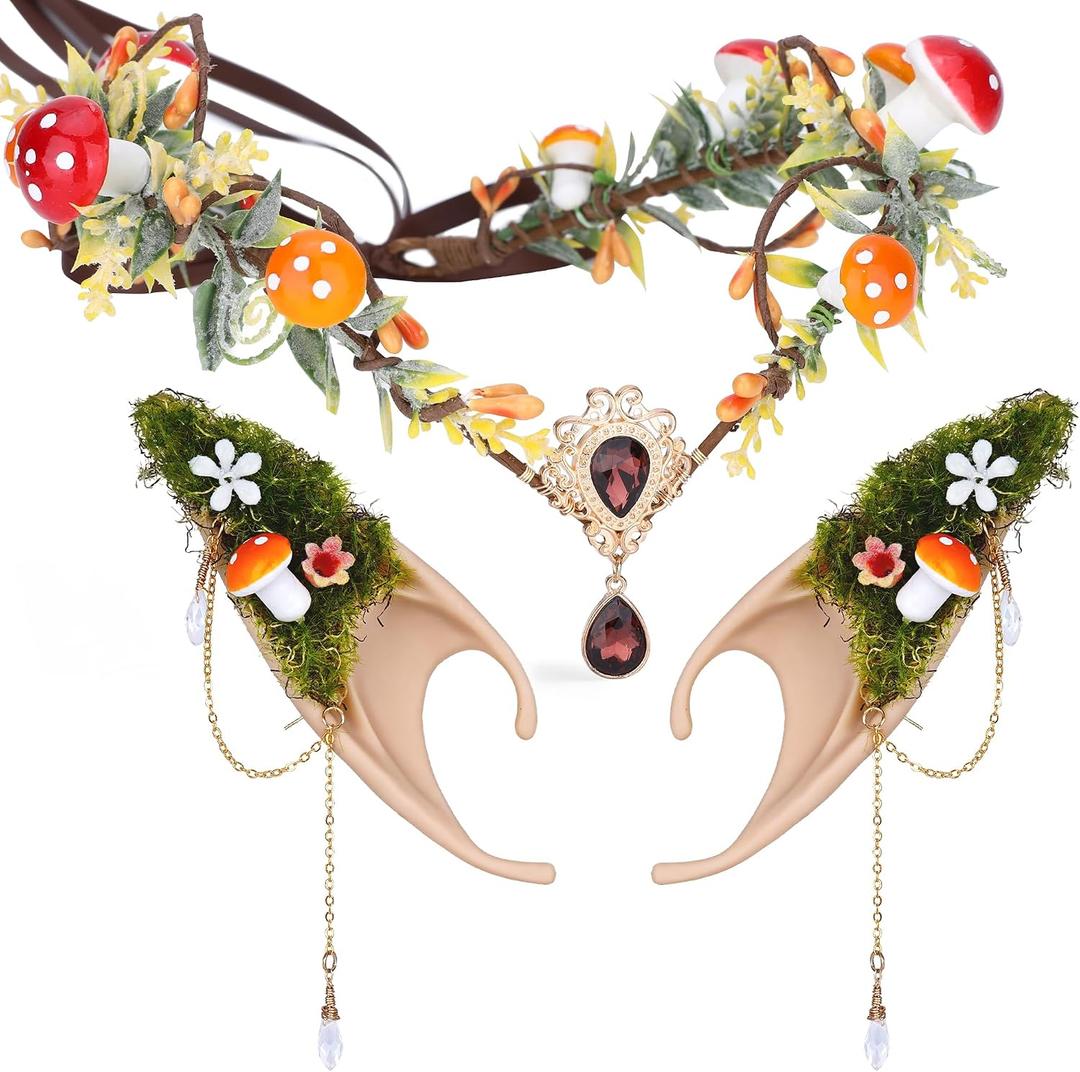MOSTORY Renaissance Mushroom Accessory Set - Fairy Mushroom Crown and Forest Elf Ears with Non-Pierced Earrings Set for Renaissance Woodland Outfit Renfaire Accessory Women Halloween Fantasy Cosplay