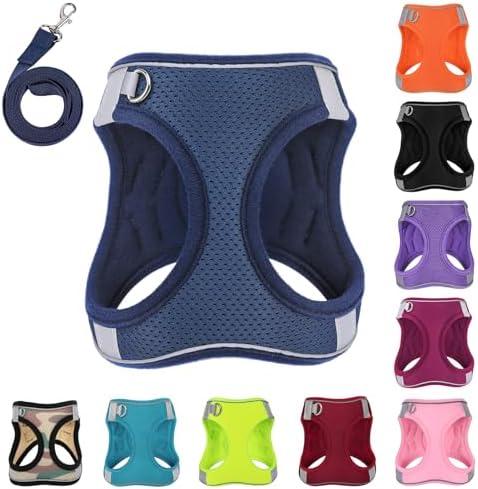 PWOD Dog Harness with Leash Set, No-Pull Step-in Reflective Pet Harness with 1 Leash Clips, Adjustable Soft Padded Easy Walk Dog Vest for Small Medium Large Dogs, Cats(Dark Blue,Medium)