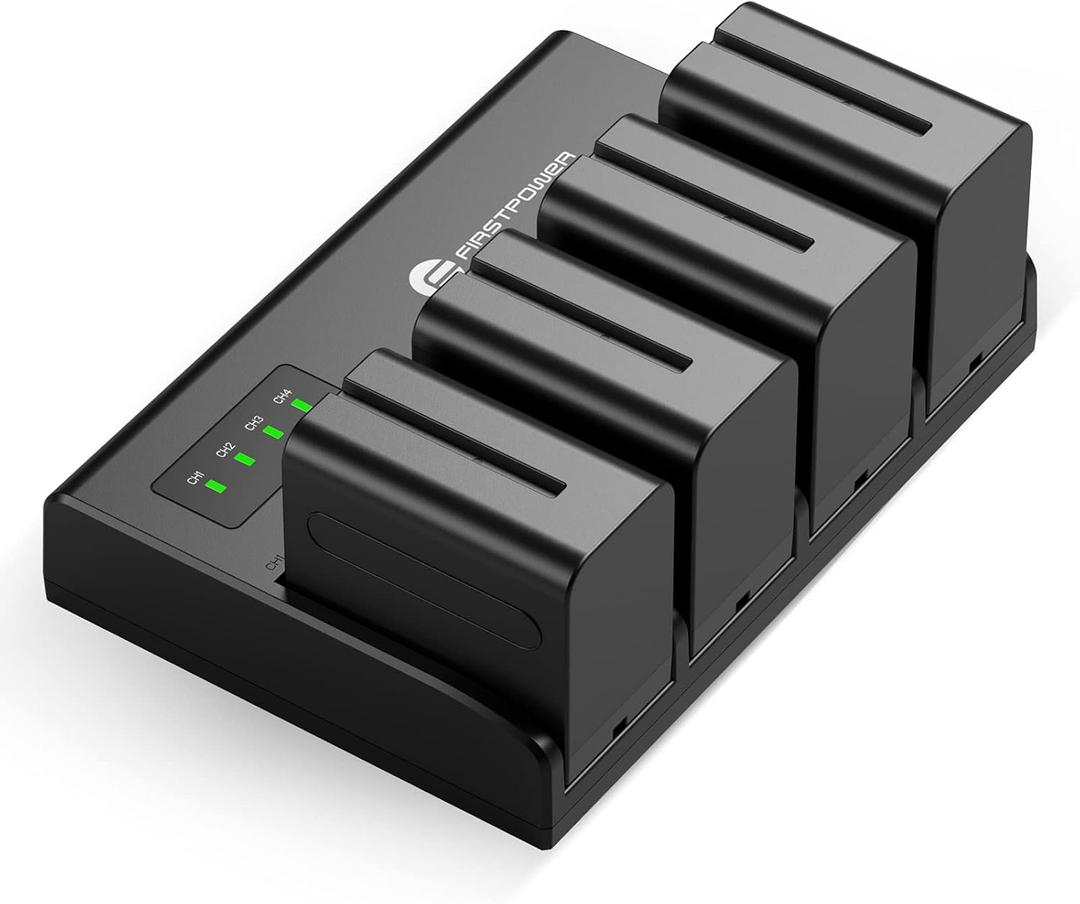 FirstPower 4 Pack NP-F970 Batteries and 4-Channel Charger Compatible with Sony NP F970, F960, F950, F930, F770, F750, F570, F550, F530, F330 and Sony Handycams, Field Monitor, Video Light