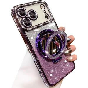Magnetic Kickstand Glitter Case for iPhone 17 Pro Max,[Compatible with Magsafe] Cute Bling Sparkly Rhinestone with Camera Protector Makeup Mirror Women Girls Case for iPhone 17 Pro Max,Purple