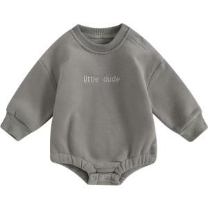 Baby Boy Oversized Sweatshirt Romper Solid Long Sleeve Bubble Little Dude Romper Sweater Onesie Fall Clothes (Grey, 0-3 Months)
