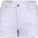 THUNDER STAR Women Mid Rise Ripped Stretchy Jeans Shorts Frayed Raw Hem Casual Denim Shorts White1# XS