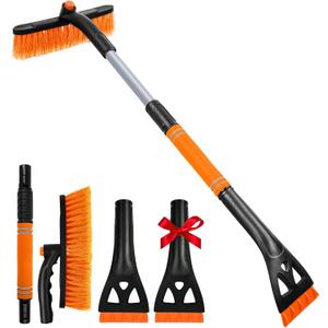 34" Extendable Ice Scrapers for Car Windshield 2-in-1 Snow Brush for Car Snow Scraper for Snow Scraper and Drush with Ergonomic Foam Grip for Cars Trucks SUV with 360 Pivoting Brush Head Orange 1PCS