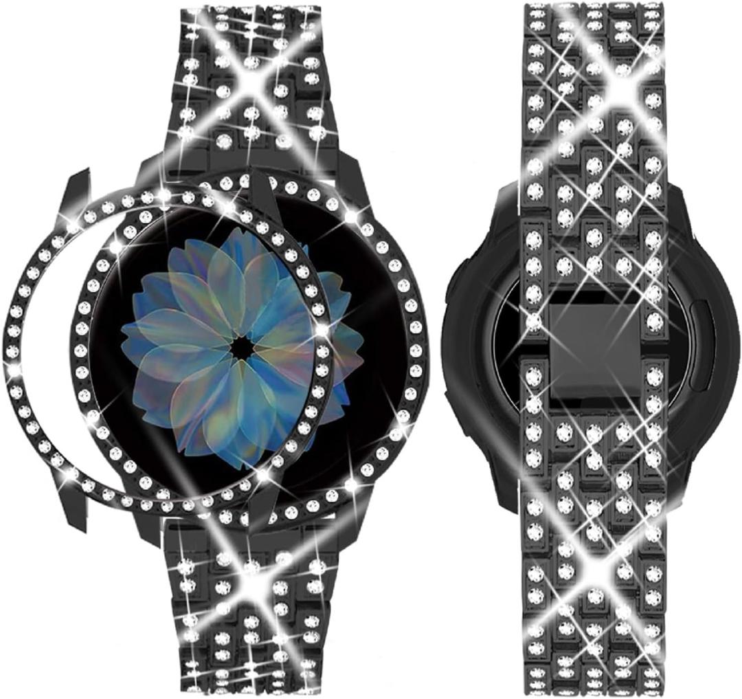 SUPOIX Band with Case Compatible for Samsung Galaxy Watch 8/7/6 40mm 44mm, 20mm Women Bling Replacement Strap & PC Protective Bumper Face Cover for Galaxy Watch 8/7/6 (Size Optional) (Black)