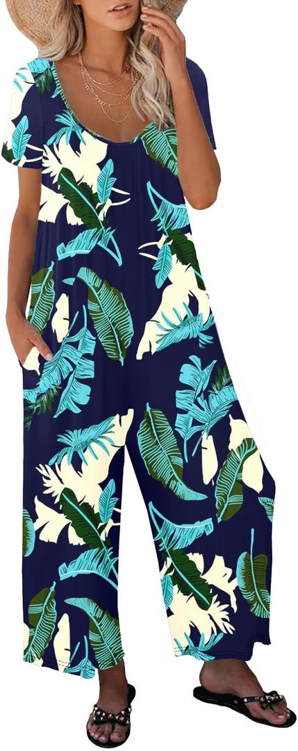 Women Casual Jumpsuits Summer Sleeveless Loose Jumpsuit Shoulder Strap Adjustable Long Pants Rompers with Pockets (M)