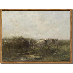 Floating Framed Landscape Canvas Wall Art, French Vintage Natural Country Cows Pictures Wall Decor Artwork, Farmhouse Oil Paintings Prints for Living Room Bedroom Home Decoration 8x10 inch