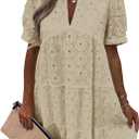 Imily Bela Women's Summer Lace Dresses Eyelet Casual Flowy Babydoll Swing Short Sleeve V Neck Tunic Dress (Beige, M)