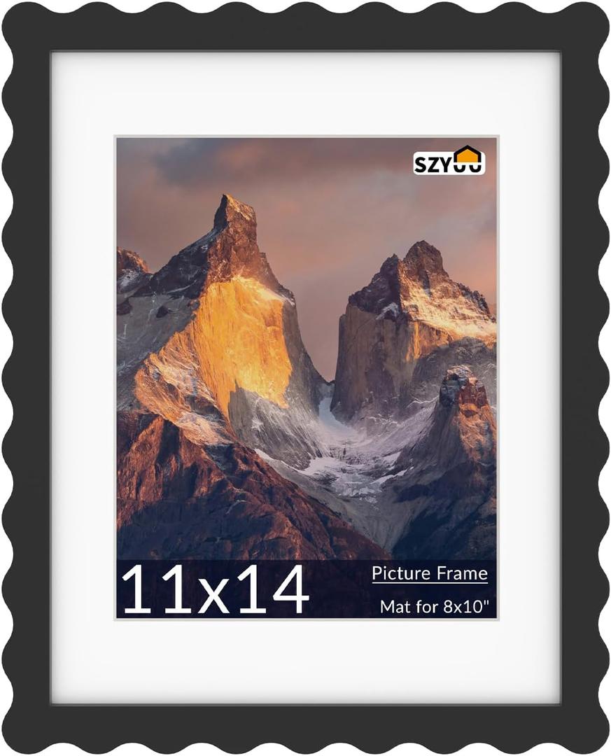 11x14 Wavy Picture Frame with Mat for 8x10, Real Glass and Wooden Frame - Tabletop or Wall Hanging Photo Frame(1 Pack, Black)