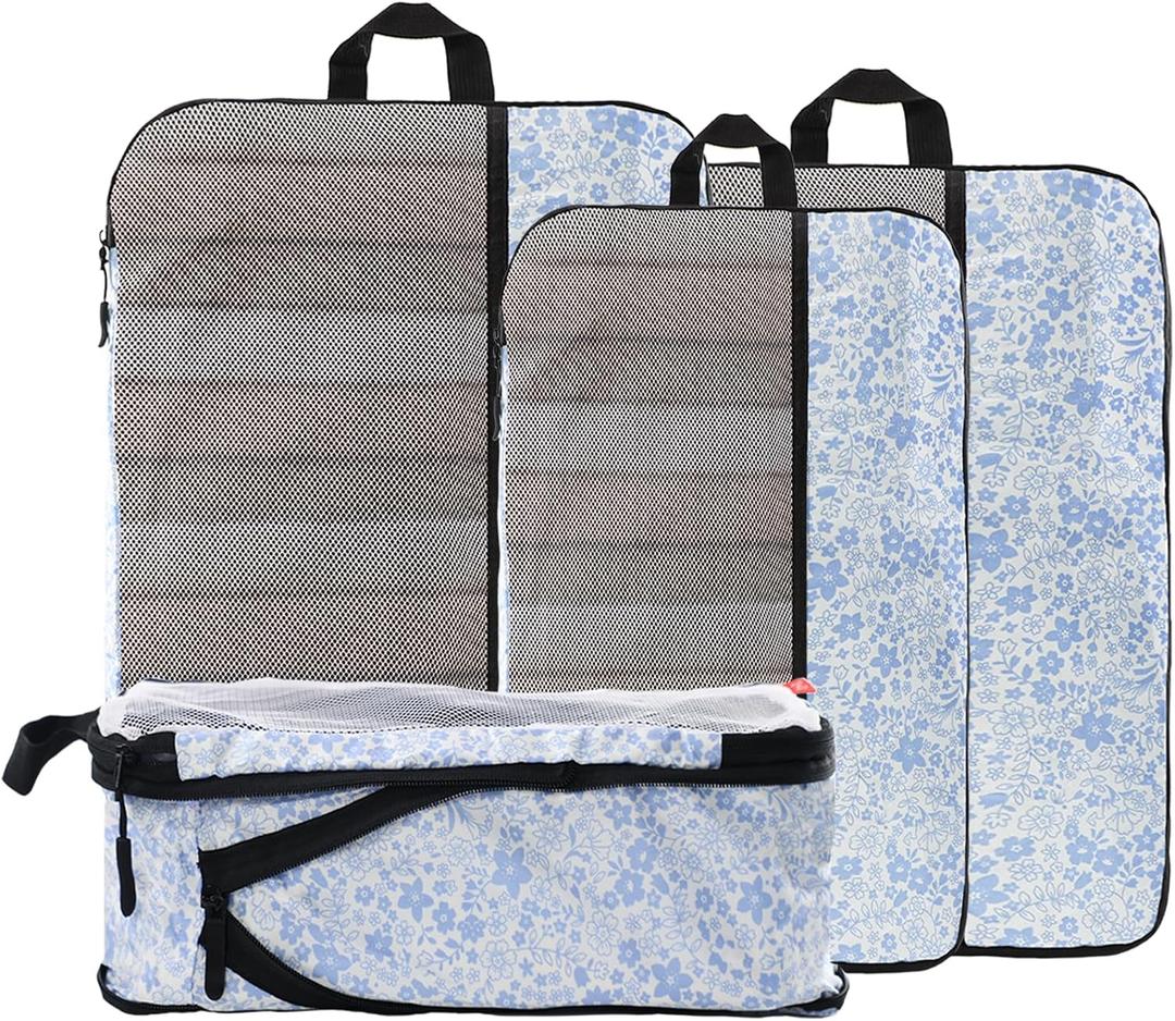 U+U 4 Set Compression Packing Cubes - Ultralight Travel Organizers, Space-Saving Suitcase Organizer, Expandable Packing Cubes for Travel, Business Trip and Family Vacation (Blue Flower)