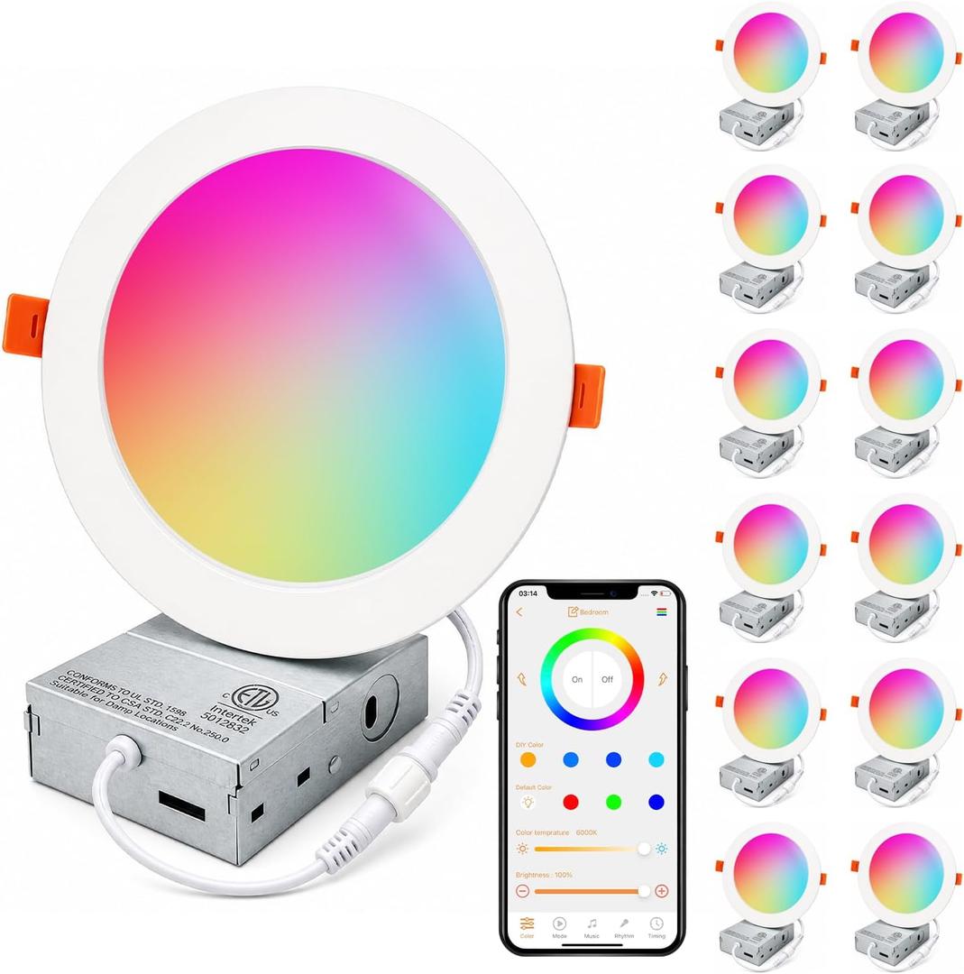 iLC 6 inch LED Recessed Lighting Color Changing, Compatible with Alexa (Speaker Required), App Controlled, RGB Canless Recessed Lights, 16 Million Colors,2700K-6000K,14W,1400LM, Bluetooth Mesh,12Packs