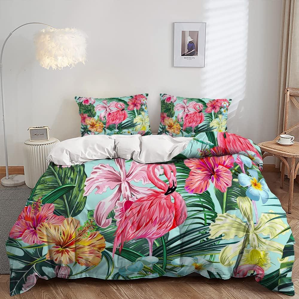 AILONEN Flamingo Duvet Cover Set, Queen Size, Tropical Flamingo Pattern Bedding Set for Kids, 1 Quilt Cover 2 Pillowcases