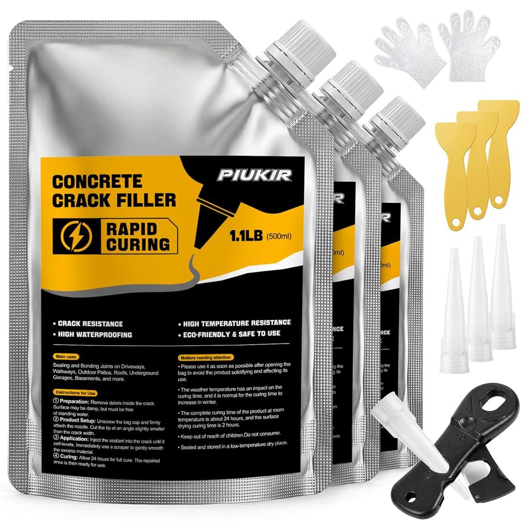 Concrete Crack Filler, 3-Pack Oil-Based Self-Leveling Sealant Waterproof & Quick Drying for Driveway, Patio, Sidewalk, Garage Floor, Foundation, Basement & Walkway Repair, Gray