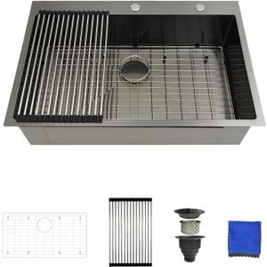 33-Inch Black Drop-In Kitchen Sink - 33x22 Single Bowl, 16 Gauge Stainless Steel Top Mount With 4 Accessories (33x22x9 Topmount Pro, Gunmetal Black)