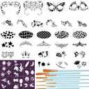 Thenshop 42 Pcs Face Paint Stencils Kits Includes 28 Reusable Facial Painting Stencils with 4 Stickers 10 Painting Brushes Plastic Tattoo Templates for Kids Halloween Party Makeup(Classic Style)