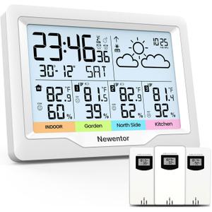 Newentor Weather Stations Wireless Indoor Outdoor Multiple Sensors, Indoor Outdoor Thermometer with Atomic Weather Clock Battery Powered, Temperature Humidity Monitor and Barometer for Home, White