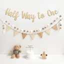 Half Way to One Birthday Banner Pre-Strung Pennant Felt Fabric Banner Flags and Pom Pom Garland, Party Hat for Half Birthday Decorations, Reusable Half Way to One Bunting Sign for Girl Boy 6 Months