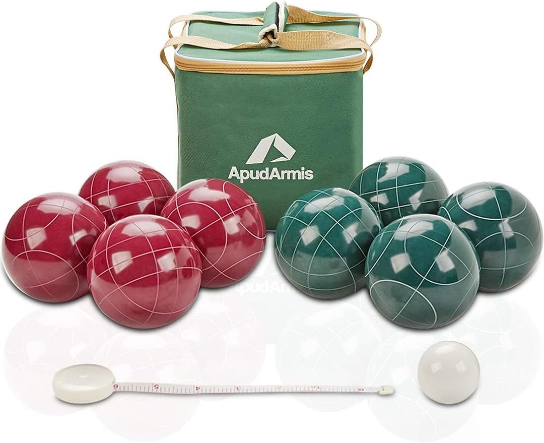 ApudArmis 107mm Bocce Balls Set, Outdoor Tournament Bocce Game for Backyard/Lawn/Beach - Set of 8 Poly-Resin Balls & 1 Pallino & Nylon Carrying Case & Measuring Rope (Red and Green)