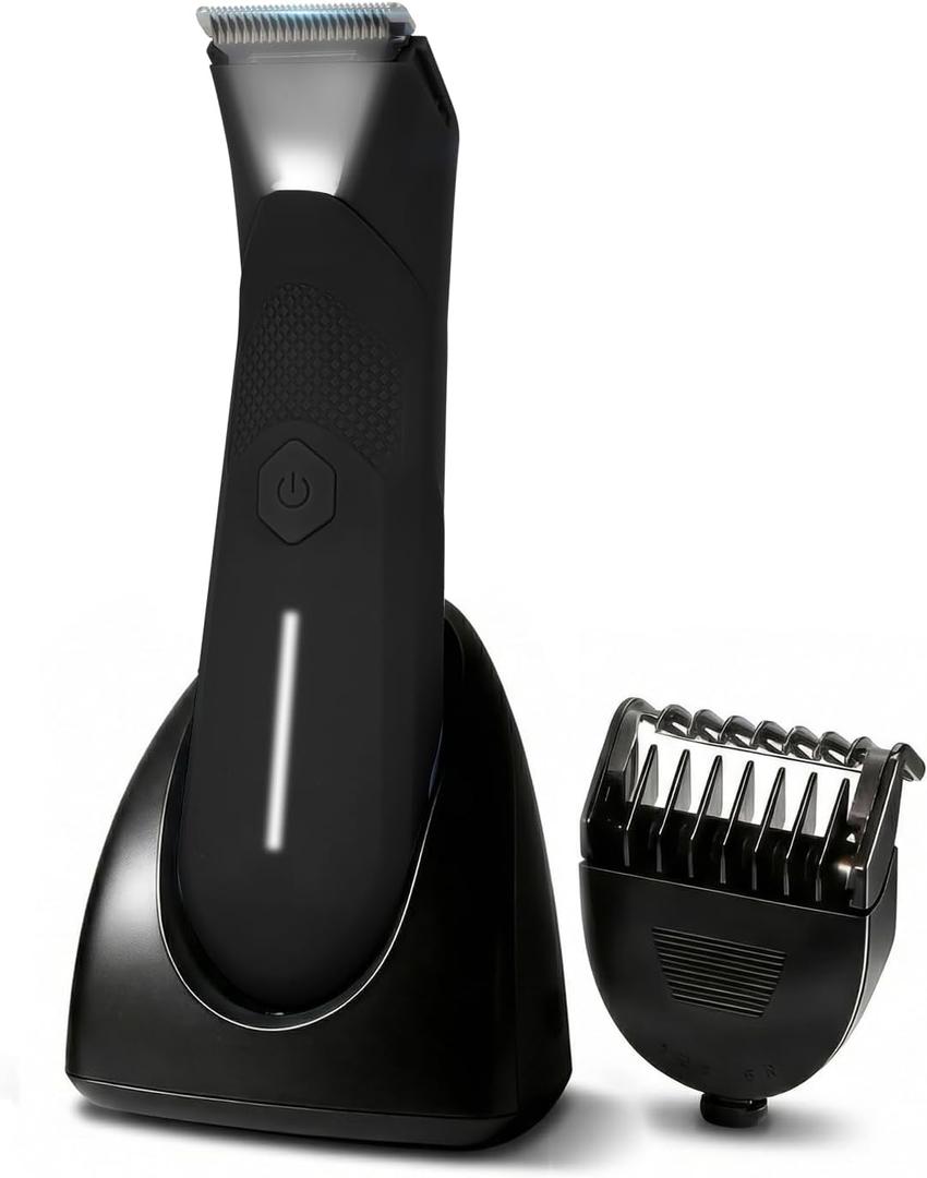 Body Trimmer for Men - Groin & Ball Shaver with Charging Dock - Constant Power No-Pull Electric Pubic Hair Clipper - 5-in-1 Guard Waterproof Body Groomer with LED Light, for Groin, Armpit & Body (Matte Black)