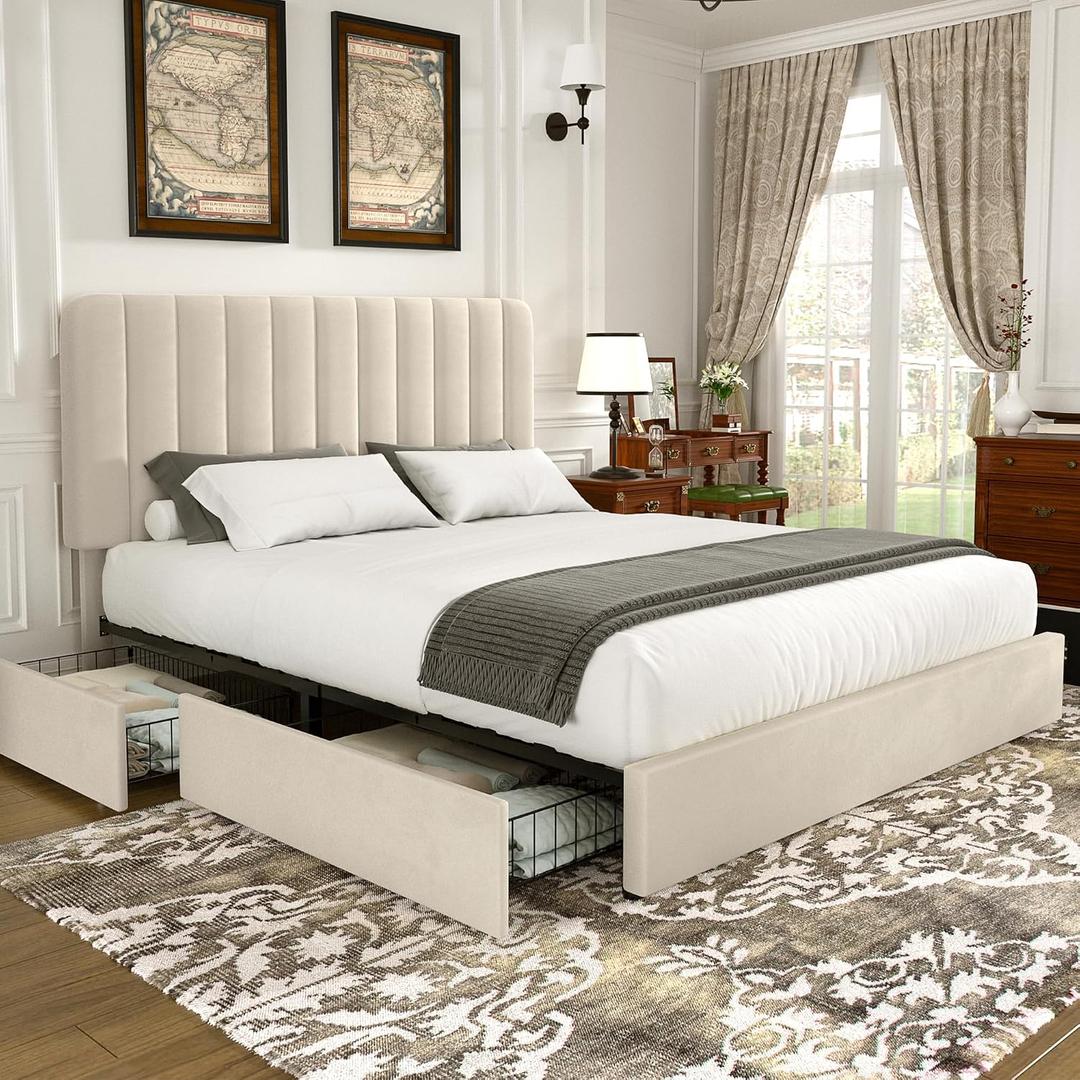 VECELO King Size Upholstered Bed Frame with 4 Drawers and Headboard, Velvet Platform Storage Bedframe, Wooden Slats Support, No Box Spring Needed,Bone Beige