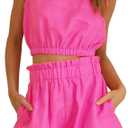 FANCYINN Women Summer 2 Piece Outfits Casual Crop Top Tank Sleeveless and Elastic Waist Pants Short Sets With Pocket, Medium