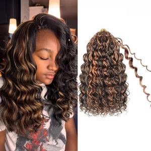 Pre Looped Ocean Wave Crochet Hair 14 Inch 8 Packs Boho Ocean Deep Water Wave Beach Curl Braiding Hair Pre Twisted Synthetic Short Wavy Curly Crochet Hair for Women(14inch P1B/30)