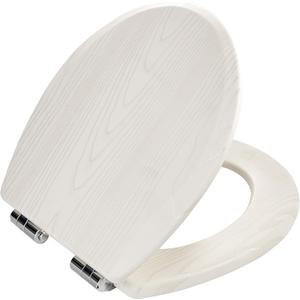 Toilet Seat, Slow Close, Premium Moulded Wood, Quick Release, White Ash Grain Look, PIKLiDS, Laminated Woodgrain Finish (Round)