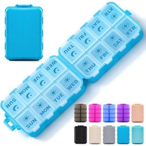 Foldable & Portable Pill Organizer 2 Times A Day with Extra Compartments - Etched Labels - Weekly 7 Day AM PM Medicine Box, Week Daily Travel Pill Case Holder Dispenser for Vitamin, Supplement - Blue