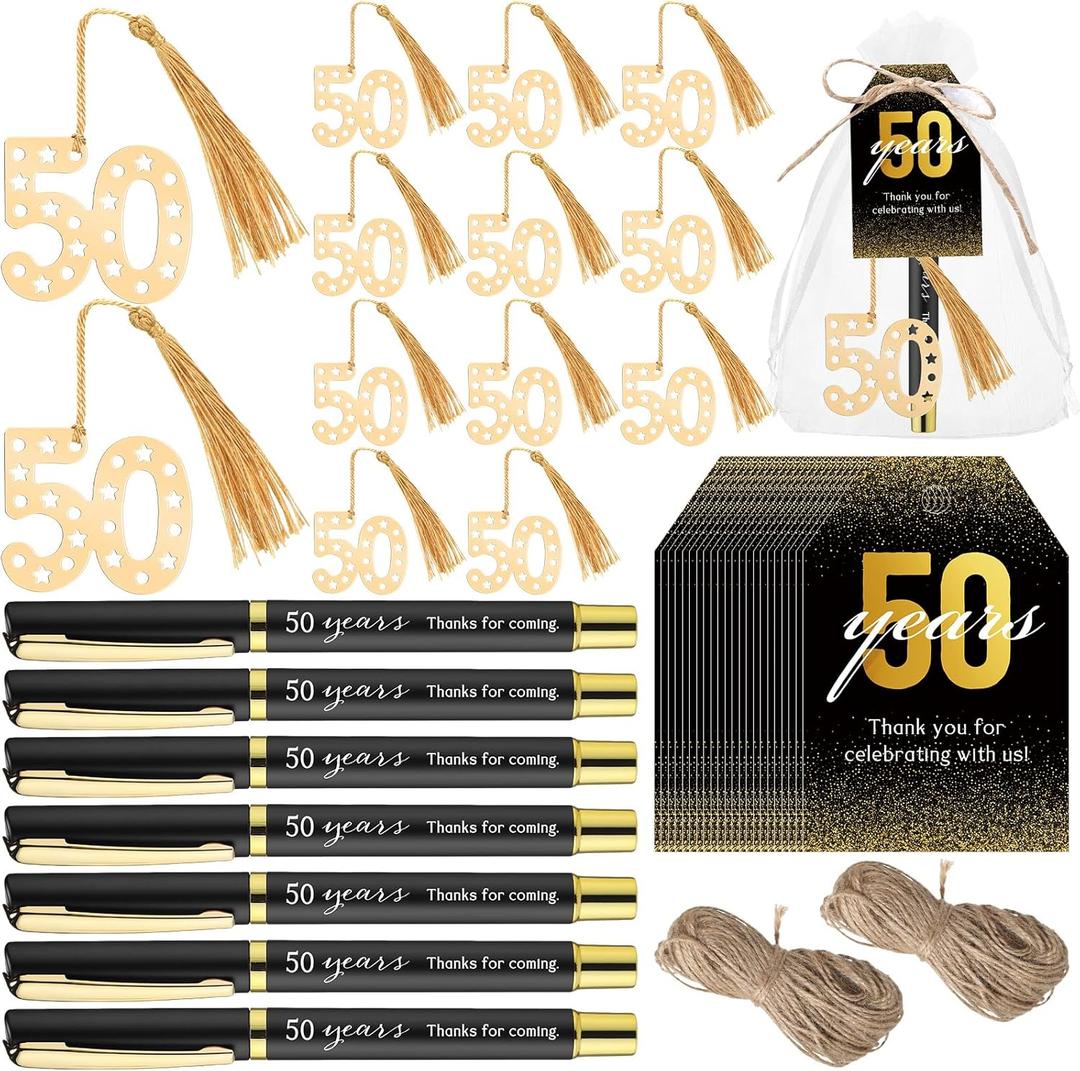 Spakon 50 Set 50th Birthday Party Favor for Guest Anniversary Party Favor Golden Birthday Bookmark Thanks for Coming Pen with Tag Appreciation Gifts for Women Men Wedding New Year