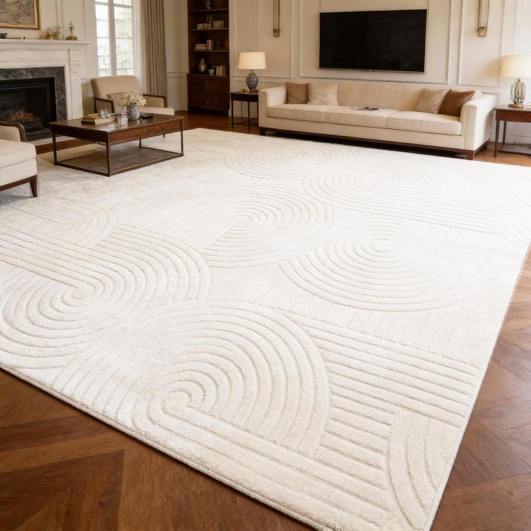 Beige 8x10 Solid Color Area Rugs Washable Living Room Rug, Modern Geometric Non-Slip Indoor Carpet with Soft High-Low Pile, Fluffy Floor Rugs for Bedroom, Kids Room, Nursery, Home Decor