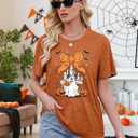 Halloween Shirt for Women Magic Bow Shirts Spooky Season Tshirt Pumpkin Graphic Vacition Short Sleeve Tops (Brown, M)
