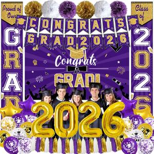 Ouddy Life Graduation Decorations Class of 2026 Purple and Gold Graduation Decoration 61Pcs with Congrats Grad Backdrop Banner Porch Sign Balloons for Graduation Party Supplies College Campus Decor