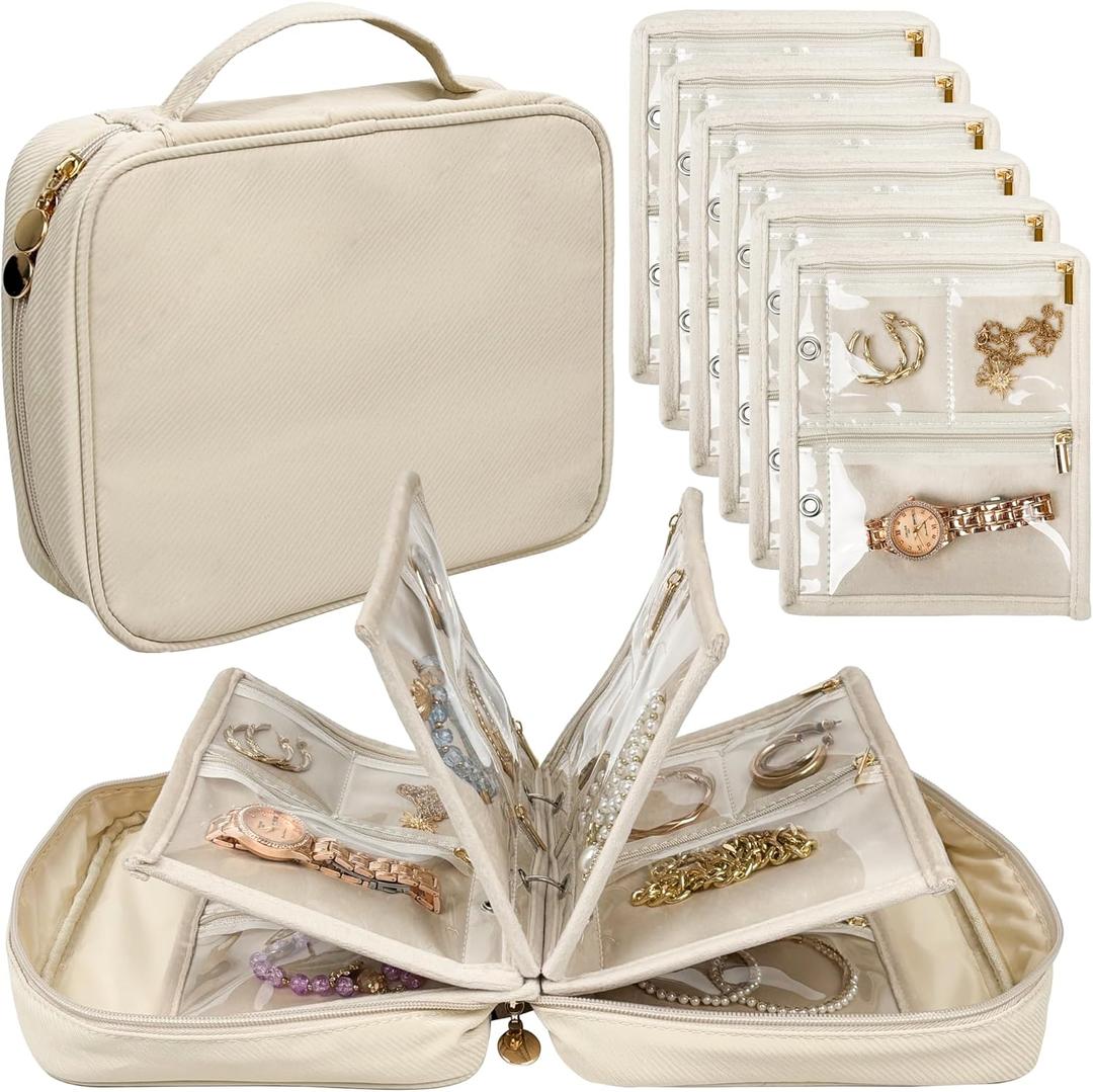 Travel Jewelry Organizer Case,Jewelry Bags Jewelry Storage Book Binder with Clear Zipper Velvet Pouch for Traveling,Earrings, Rings, Necklace, Bracelet (White) (Beige)
