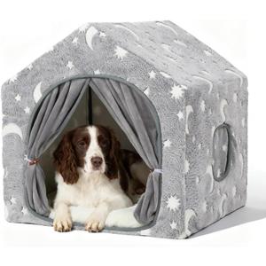 Indoor Dog House, Night-Luminous Star Dog Tent with Frame, Washable Dog Cave Bed, Suitable for 18-40 lb Small and Medium Dog (Grey)