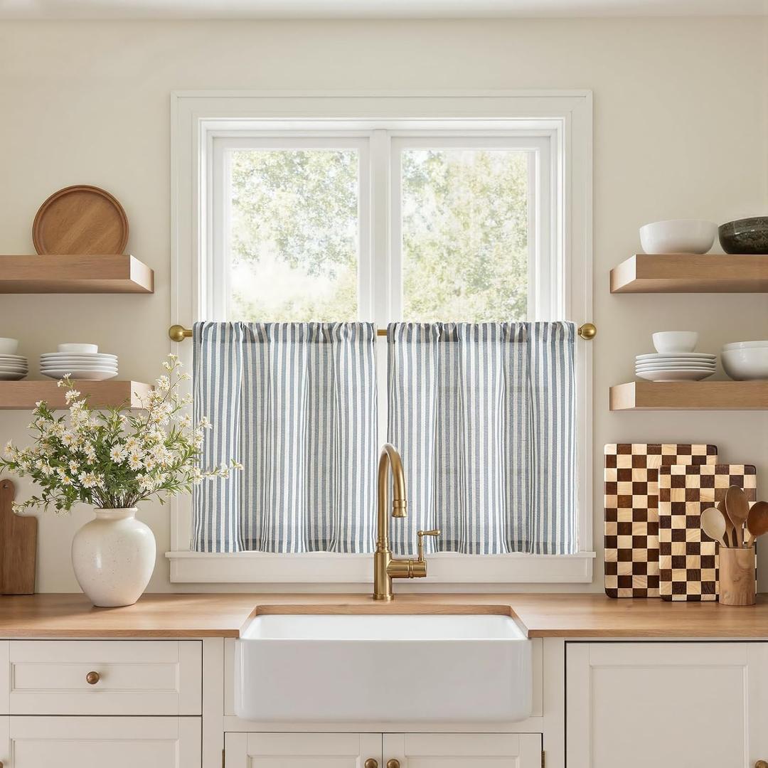 jinchan Striped Linen Kitchen Curtains 20 Inches Length Tier Curtains Farmhouse Modern Cafe Style Small Window Treatments Airy Light Filtering Rod Pocket for Living Room Bathroom 2 Panels Blue