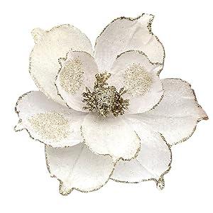 FOERPL 10in White Christmas Flowers 8 Pcs Large Christmas Glitter Magnolia Flowers Christmas Tree Ornaments Giant Artificial Flowers with Stems for Xmas Tree Holiday Decorations