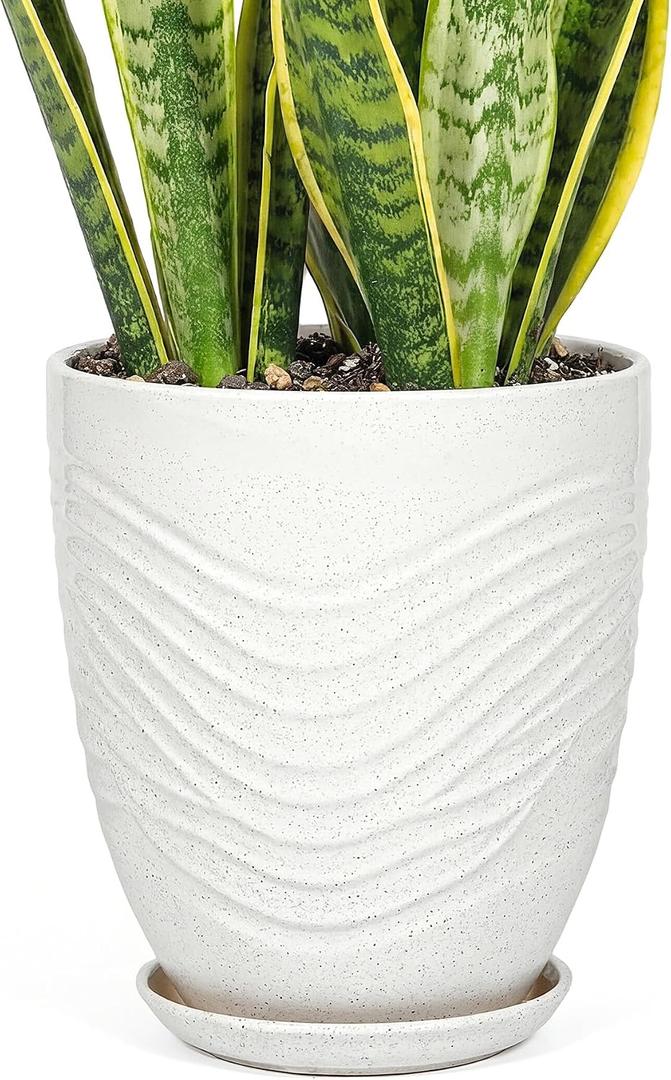 11.8 Inch Flower Pots for Indoor Plants,Ceramic Planter with Saucer Drainage Leak-Proof Mesh Gardening Gloves (Water-Ripple White)