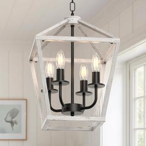 Farmhouse Lantern Chandelier 4-Light, Industrial Brushed White Oak Ceiling Light Fixture with Open Cage and Adjustable Hanging Height, E12 Base for Kitchen Island, Dining Room, Entryway, Foyer