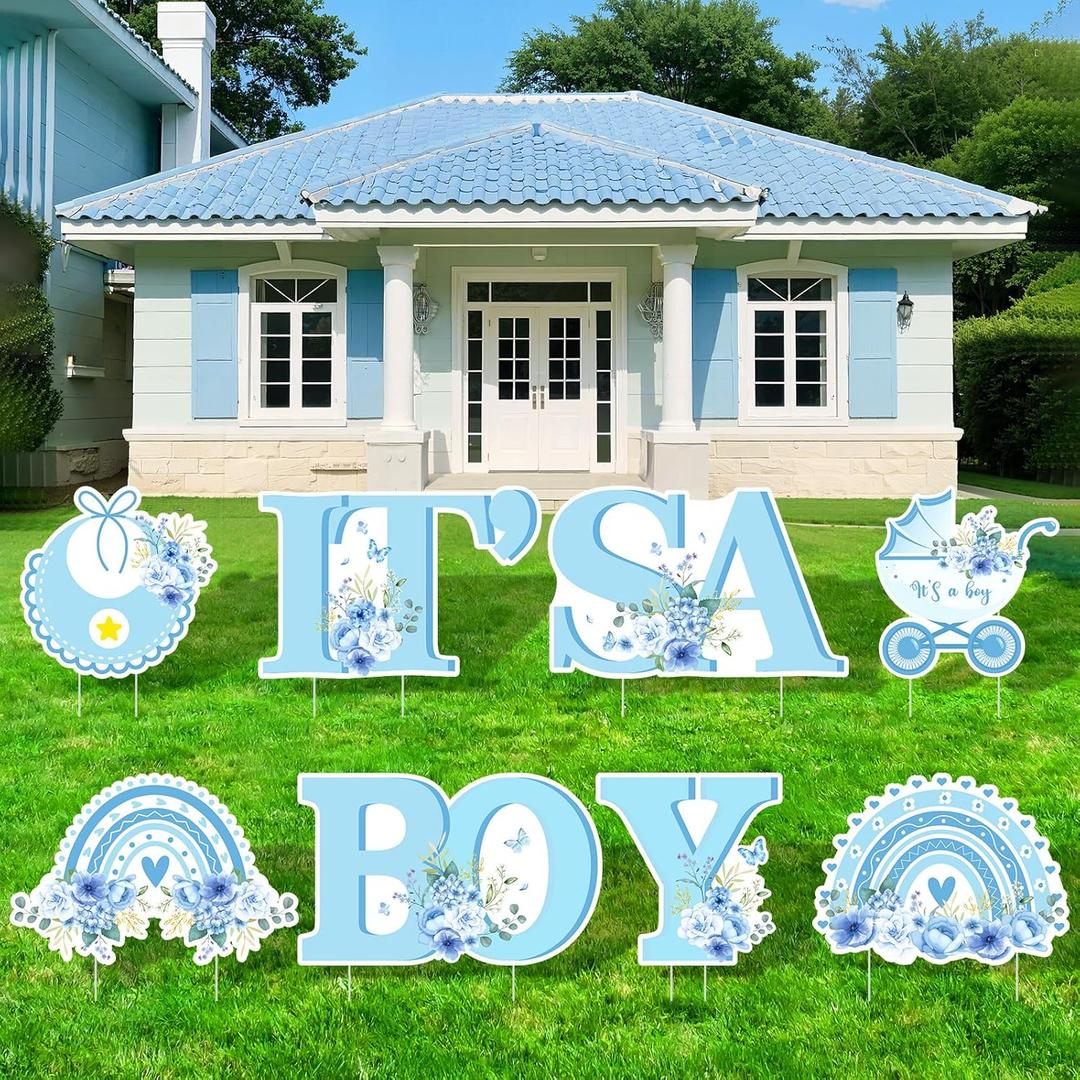 It's A Boy Yard Sign Blue Dried Flowers Baby Shower Yard Signs with Stakes Welcome Home Baby Boys Lawn Decor for Kids Boys Gender Reveal Party Indoor Outdoor Garden Lawn 8PCS