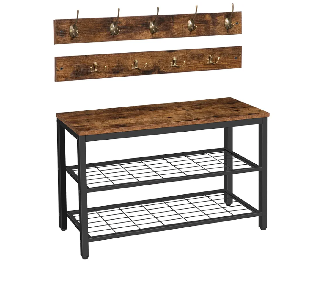 HOOBRO Coat Rack Shoe Bench Set, Entryway Shoe Rack with Coat Hooks, Coat Hat Bag Hanging Organizer, Industrial Design, Easy Assembly, Rustic Brown and Black BF07MT01