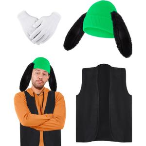 4 Pcs Halloween Dog Cartoon Character Costume Adults Green Hat Black Ears Glove and Vest for Halloween Cosplay Party, One Size