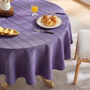 ZeeMart Linen Checked Table Cloth 60 Inches Round, Farmhouse Style Plaid Embroidered Water Resistant Table Cover, Purple